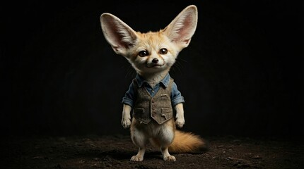 Naklejka premium Dapper Desert Dweller: A whimsical fennec fox, adorned in a tiny waistcoat and shirt, stands with its signature oversized ears, exuding an air of sophisticated charm against a dark.