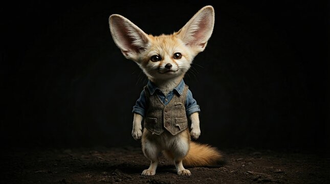 Dapper Desert Dweller: A whimsical fennec fox, adorned in a tiny waistcoat and shirt, stands with its signature oversized ears, exuding an air of sophisticated charm against a dark.