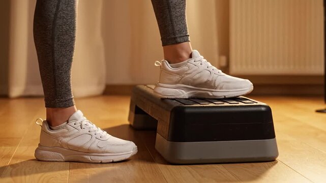 Female adult feet in white sneakers stepping on aerobic platform in home interior, warm morning light on wooden floor, fitness workout routine for healthy lifestyle