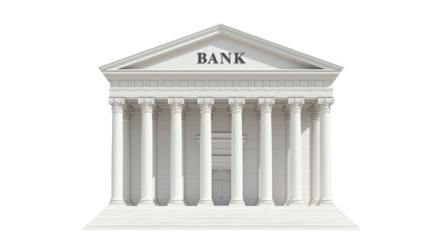 Classical bank building facade with white columns and pediment isolated on black background, for financial architecture isolated on a transparent background