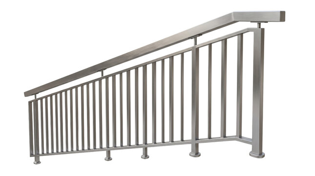 Modern stainless steel railing, brushed metal staircase handrail, industrial silver balustrade isolated on white background