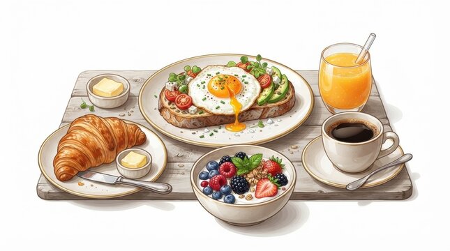 Breakfast spread with toast, egg, fruit, and drinks on a wooden table
