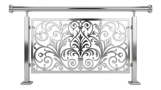 Modern stainless steel railing with ornate laser cut floral pattern, decorative chrome balcony fence, luxury metal handrail for architecture