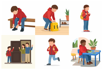 School boy daily morning routine vector set. Kid preparing for school, tying shoes, packing backpack, waving goodbye to parents, and studying at desk. Back to school concept illustration.