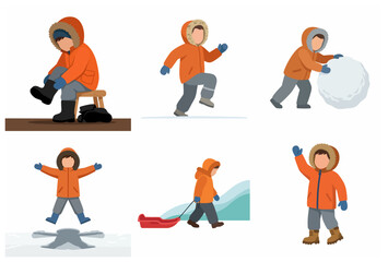 Set of flat vector illustrations featuring a young boy in an orange parka enjoying winter activities like rolling a giant snowball, sledding, and making a snow angel.