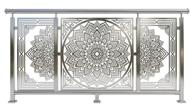 Modern stainless steel railing with laser cut mandala patterns, decorative metal balcony fence, luxury chrome handrail
