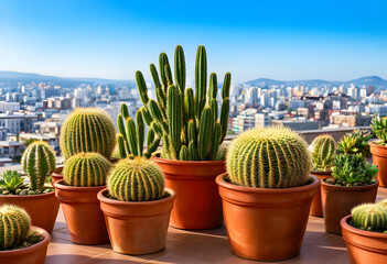Obraz premium Various potted cacti and succulents on a rooftop terrace overlooking a city skyline under a clear blue sky, the plants vary in shape and size, including tall columnar cacti and spherical golden