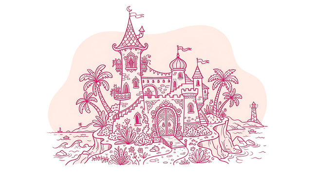 Cute Pink Storybook Mediterranean Castle House Illustration