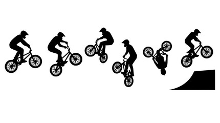 Fototapeta premium Extreme Freestyle BMX Rider Backflip Sequence Silhouette Vector Set Showing Bicycle Stunts Air Tricks and Quarter Pipe Ramp Jump Actions