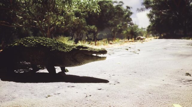 Closeup crocodile head and shadow on gravel, intent stare, gnarly scales, predator stillness, roadside tension, mottled camouflage blending with scrub.