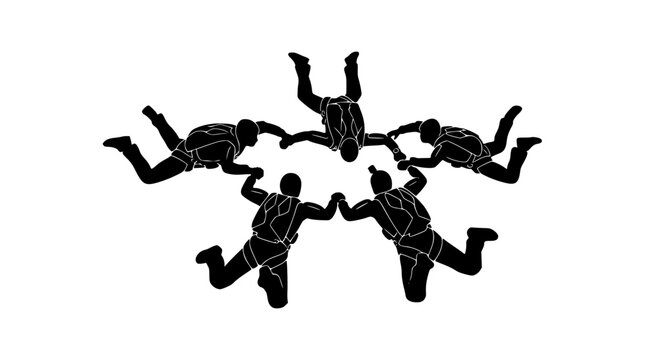 Five Skydivers Team Circular Ring Formation Black Silhouette Vector Design Featuring Extreme Sports Parachuting Freefall Activity Holding Hands Graphic Element