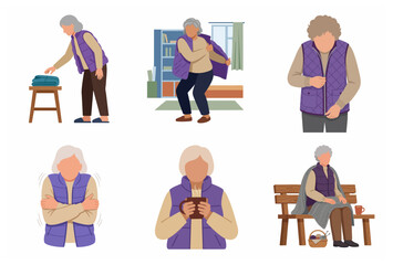 Fototapeta premium Elderly woman character set putting on a warm vest shivering and drinking hot beverage to stay warm in cold weather flat vector illustration