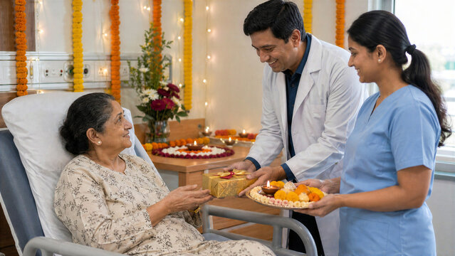 Doctor and nurse bringing Diwali gift to elderly patient in hospital chair