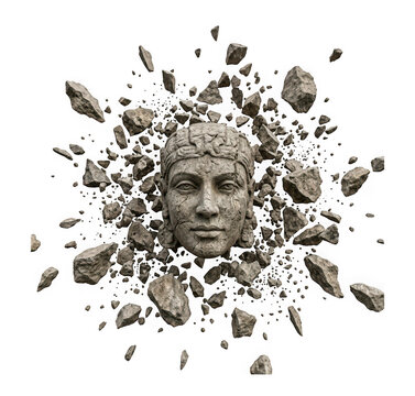 Ancient stone head sculpture exploding into fragments isolated on transparent background