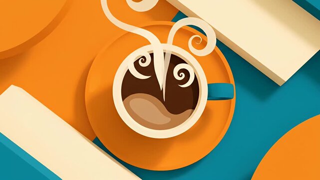 Abstract flat lay illustration of coffee and geometric shapes.