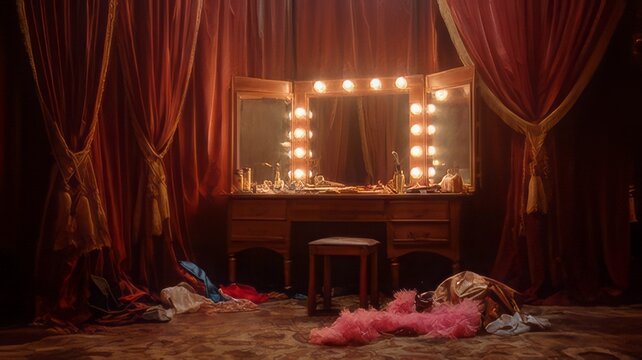 Theatrical dressing room with a vintage, lighted vanity mirror heavily decorated with red velvet curtains and dim lighting.