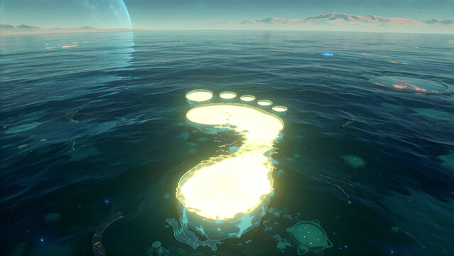 A glowing footprint shape appearing on the surface of a calm alien ocean.