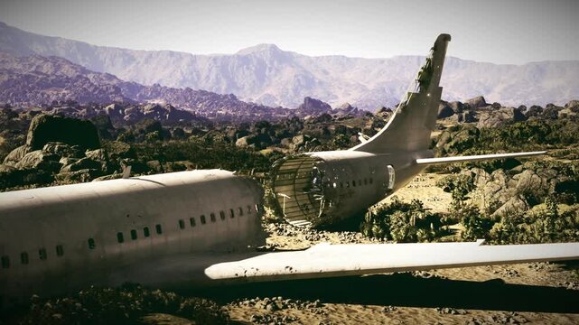 Mysterious abandoned airframe among rocky scrub, broken windows and bent tail, bird nests forming in cavities, silence of remote canyon, historian exploration