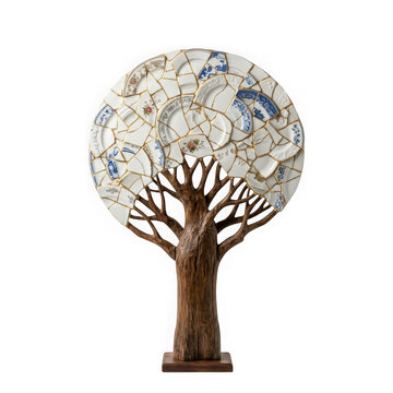 A decorative tree sculpture made from broken ceramic plates and gold kintsugi joinery isolated on transparent background