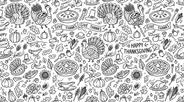 Seamless thanksgiving holiday doodle pattern with traditional symbols and food icons hand drawn thanksgiving celebration