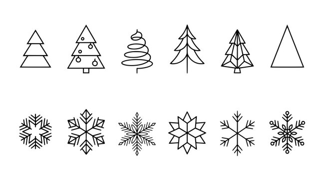 Minimalist christmas tree and snowflake icon collection line art set with christmas snowflake minimalist collection seasonal