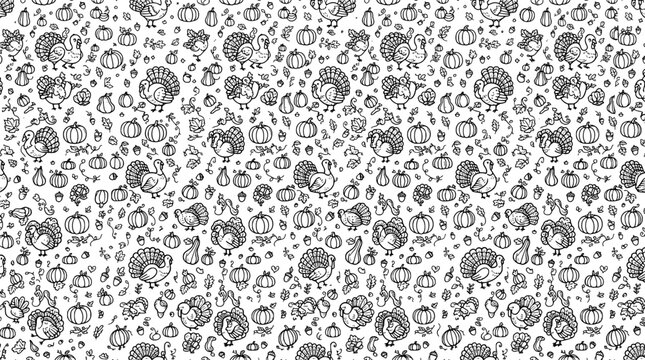 Thanksgiving holiday seamless pattern with turkeys pumpkins acorns and leaves line art illustration thanksgiving seamless