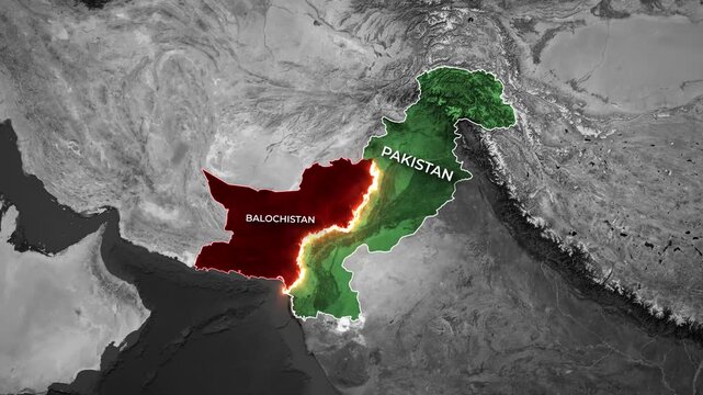 Pakistan map animation highlighting the Balochistan region with a glowing division line