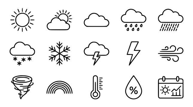 Weather Forecast Line Icon Set Featuring Sun Clouds Rain Snow Lightning Wind Thermometer and Meteorological Report Elements for Mobile App Interface Vector