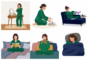 Woman in green pajamas daily nighttime and morning routine self care activities illustration set