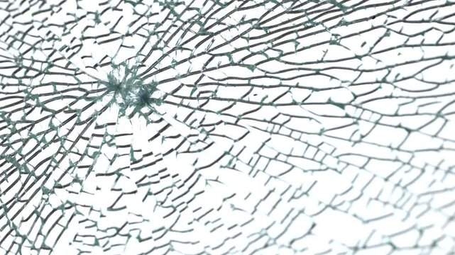 Broken glass texture with radiating cracks from an impact point on white