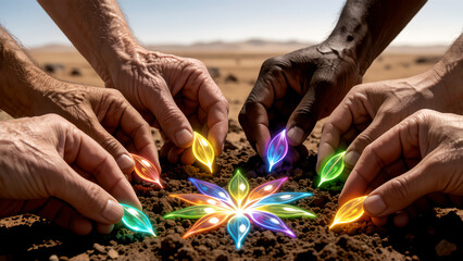 Obraz premium Diverse hands working together to plant glowing colorful crystal seeds into dry desert soil.