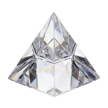 Clear crystal pyramid on white background, faceted glass pyramid prism, geometric paperweight for office decor