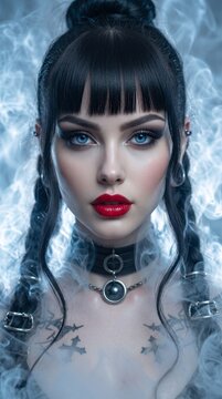 Close-up portrait of a dark fantasy gothic woman with black braided hair, dramatic dark eye makeup, and bold red lips