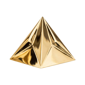 Golden metallic pyramid with reflective geometric facets, luxury gold prism sculpture isolated on white background