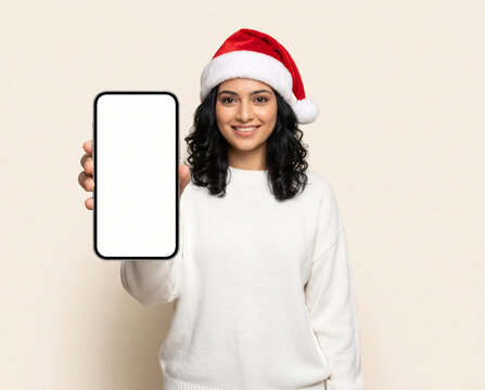 beautiful young indian woman wearing santa hat presenting blank smartphone screen for christmas app promotion holiday sale ecommerce marketing