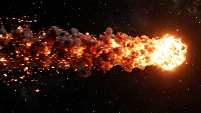 Large burning meteor fireball falling through deep space.