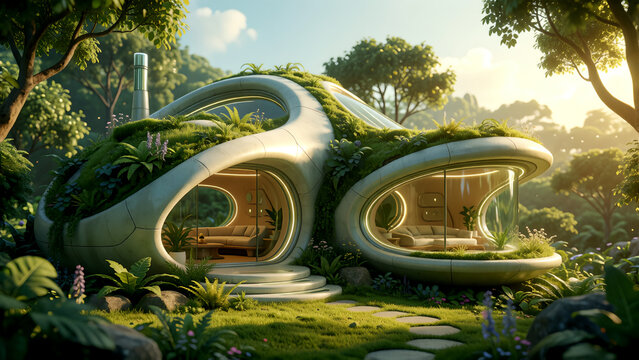 Futuristic organic eco-friendly house nestled in a lush tropical forest landscape.