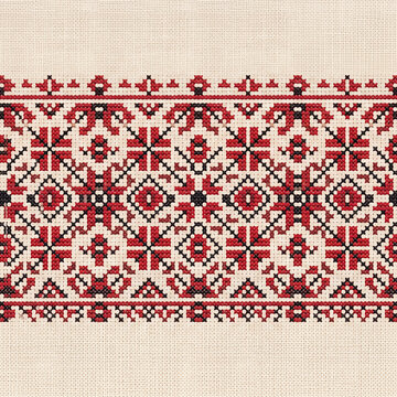 Traditional Red and Black Cross Stitch Embroidery Pattern Texture Background

Descripci&oacute;n
High-resolution texture background featuring a traditional Slavic geometric cross-stitch embroidery border pat