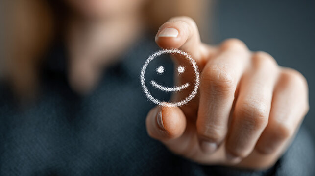 Business professional selecting a hand drawn smiley face icon for customer experience evaluation and service feedback analysis within a corporate marketing strategy to improve consumer