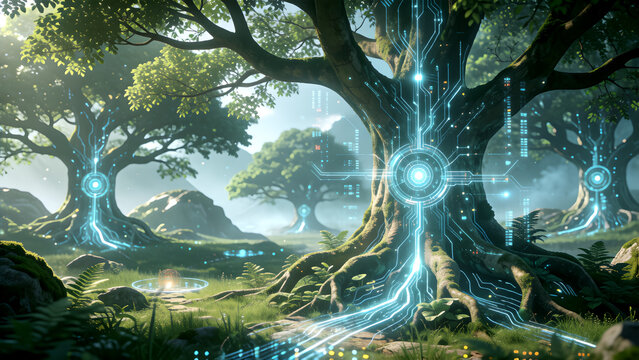 Futuristic digital forest with glowing circuit patterns integrated into ancient tree trunks.