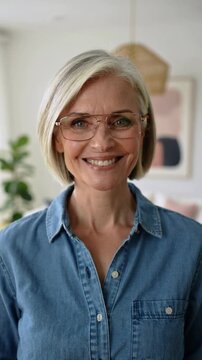 Mature woman with blonde hair wearing blue denim shirt and glasses looking at camera, one shot