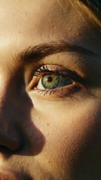 Woman eye blinking in bright sunlight extreme close up shot with natural skin texture and detail