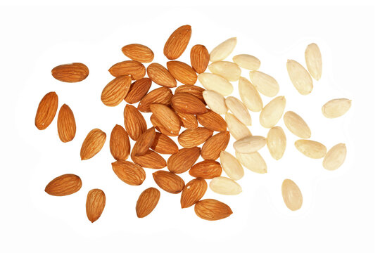 Scene featuring pile of mixed almonds isolated on white, with peeled