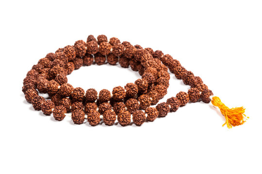 A buddhist or Hinduist Japa mala (prayer beads) made of rudraksha isolated
