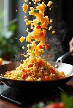Sizzling Wok Fried Rice Composition with Scrambled Vegetables and Egg Burst