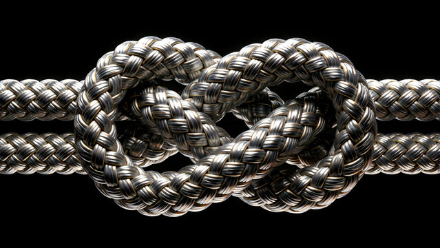 A detailed close up of a figure eight knot tied in thick braided rope against a black background.