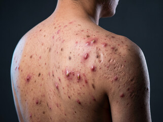 Fototapeta premium Severe Nodulocystic Acne with Deep Inflamed Nodules on Adult Back and Shoulder, Chronic Acne Skin Disease Medical Stock Image