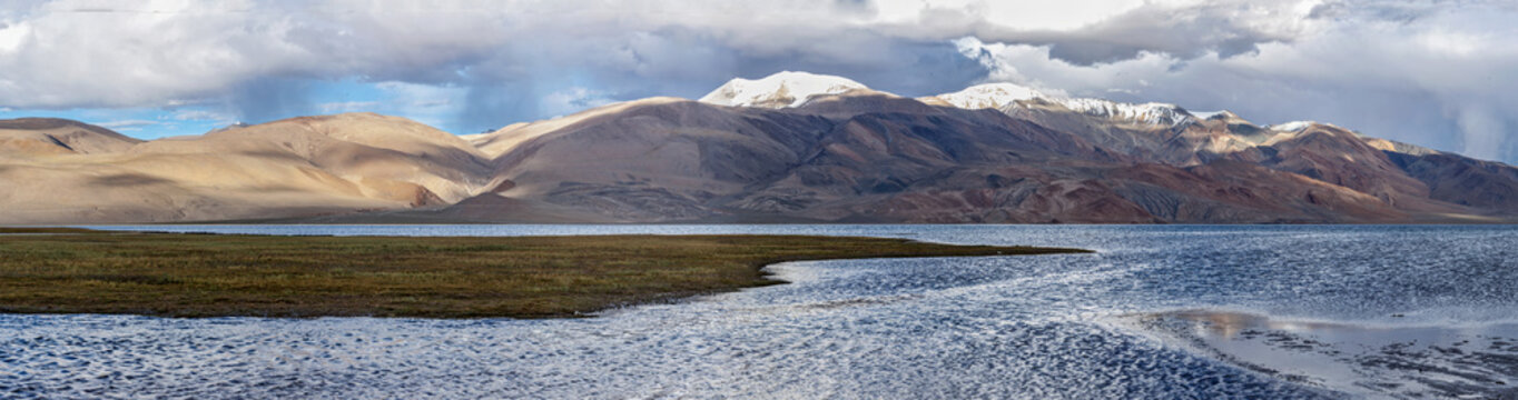 Panorama of Himalayan mountain lake in Himalayas Tso Moriri (Tsomoriri Wetland Conservation Reserve), Korzok, Changthang area, Ladakh, Jammu alongside Kashmir, India
