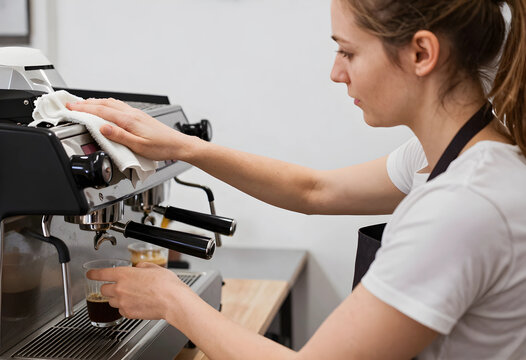 Barista cleaning an espresso machine while preparing coffee in a cafe, hospitality and food service industry