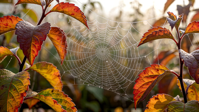 A delicate spider web glistening with morning dew between vibrant autumn leaves.